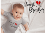 Heart Breaker Bodysuit.  Available in 4 sizes. 
100% Cotton with a reinforced snap closure. 
Super soft and machine washable.