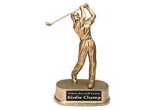 JDS44 - GOLD RESIN STATUE<BR> FEMALE GOLF PLAYER 9"<BR>WITH ENGRAVABLE PLATE