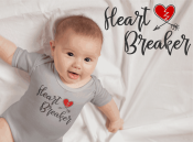 Heart Breaker Bodysuit.  Available in 4 sizes. 
100% Cotton with a reinforced snap closure. 
Super soft and machine washable.