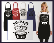 APRON 7.5 OX   55/45 COTTON/POLY  AVAILABLE IN RED BLACK BLUE WHITE
FOOD AND BEVERAGE BAR B QUE 
LONG IMPRINT VINYL