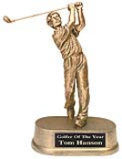 GOLD RESIN STATUE<BR>  MALE GOLF PLAYER 8 3/4"<BR>WITH ENGRAVABLE PLATE