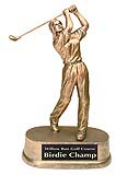 GOLD RESIN STATUE<BR> FEMALE GOLF PLAYER 9"<BR>WITH ENGRAVABLE PLATE